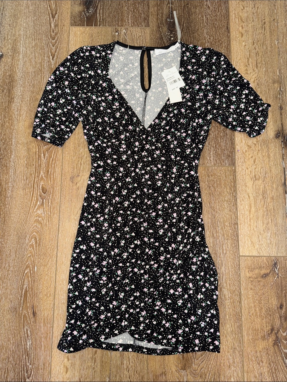 NWT - Women’s Black Floral V‑Neck Dress with Pink Accents